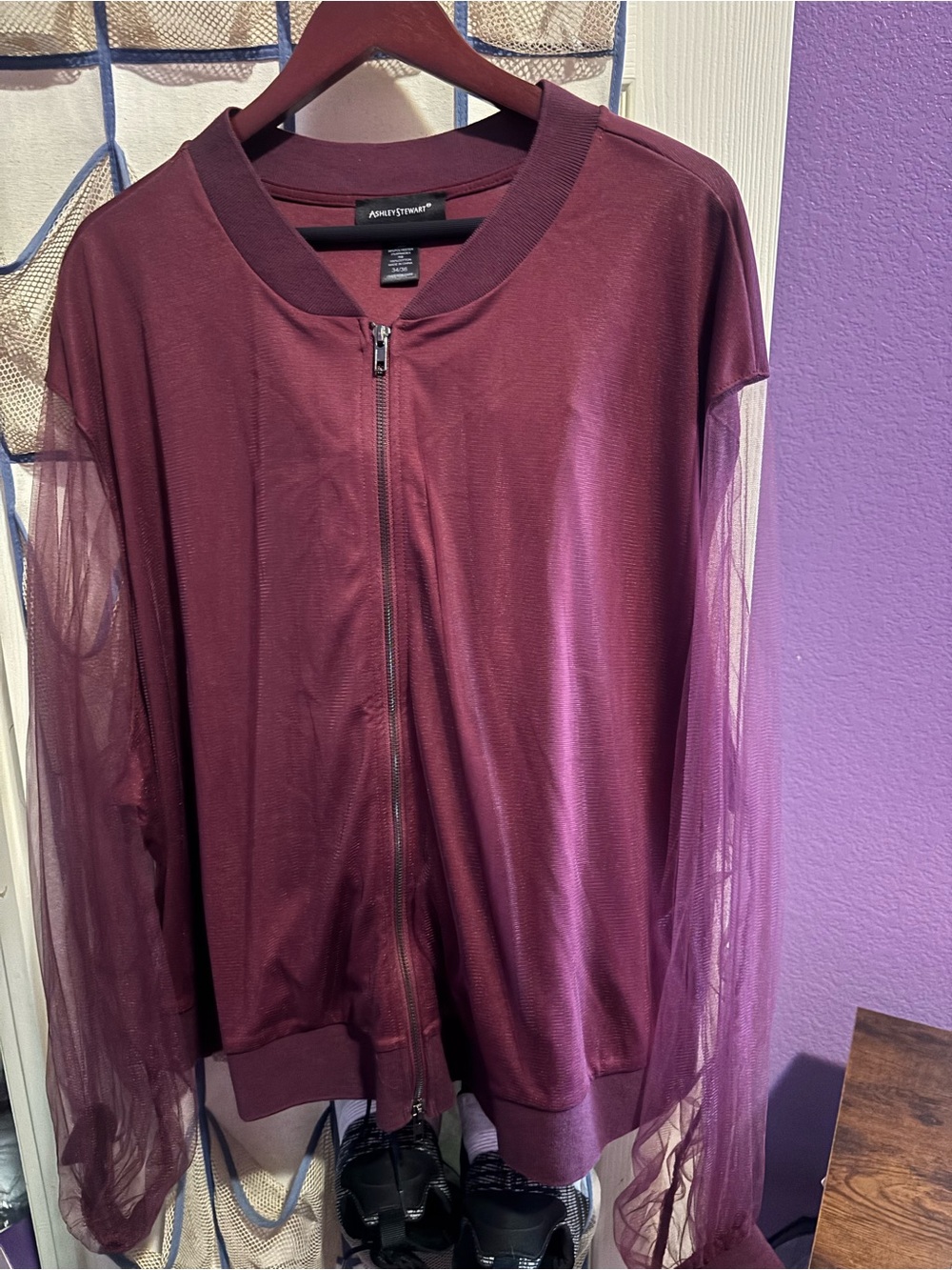 Ashley Stewart Plum Mesh-Sleeve Bomber Jacket